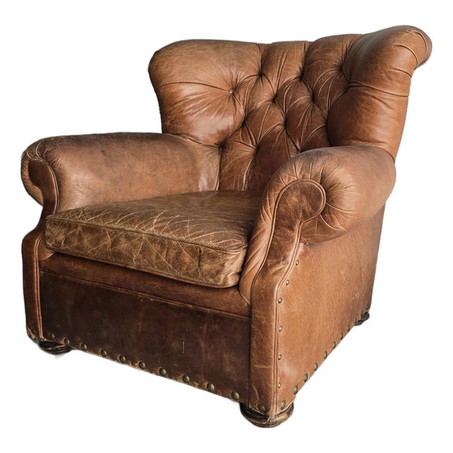 Patinated Tufted Leather Club Chair For Sale