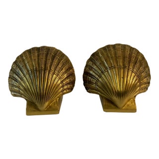 Vintage Modern Heavy Brass Clam Sea Shell Bookends - a Pair For Sale