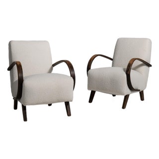 Mid 20th Century Jindřich Halabala Cream Wood Pair of Club Chairs For Sale