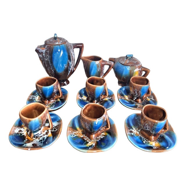 Art Deco Vallauris Coffee Service with Cobalt Blue Flamed Glaze, 1950s, Set of 15 For Sale