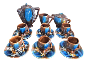 Art Deco Vallauris Coffee Service with Cobalt Blue Flamed Glaze, 1950s, Set of 15