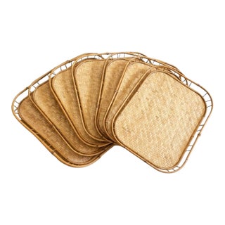 Vintage Bamboo Rattan Serving Trays-Set of 7-Woven-Tiki-Boho-MCM-60s-Coastal-Lap For Sale