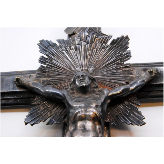 Metal Silver Crucifix with Wooden Interior with Reliefs For Sale - Image 7 of 9