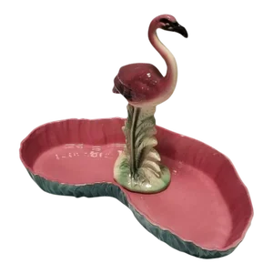 Mid Century Pink and Green Flamingo Ceramic Figurine in Flamingo Pool Tray.