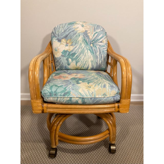 Boho Chic 1980s Vintage Lane Venture Rattan and Bamboo Swivel Chairs - A Pair For Sale - Image 3 of 9
