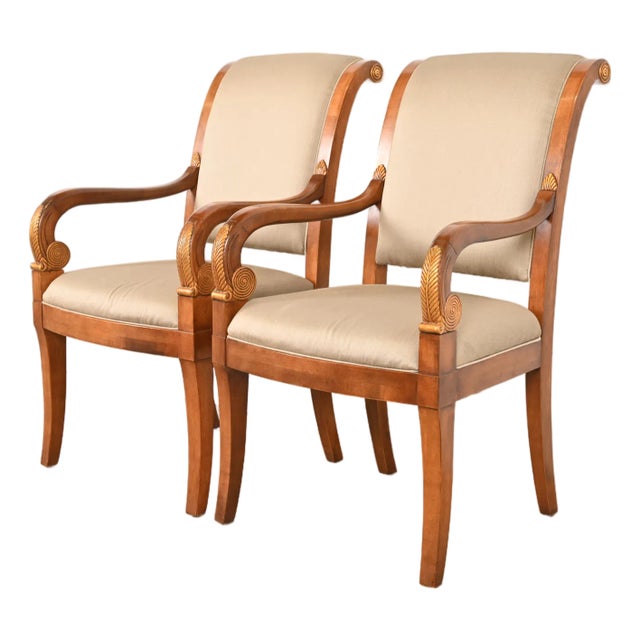 Henredon French Empire Carved Walnut and Giltwood Armchairs, Pair For Sale