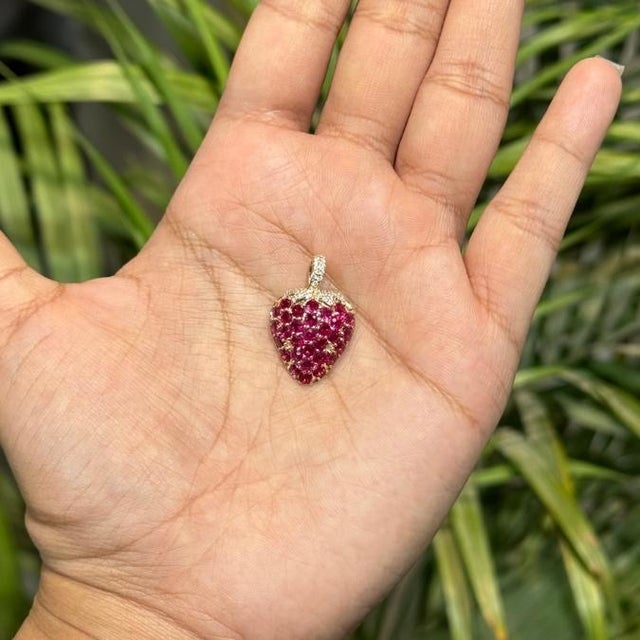 Whimsical Ruby Strawberry Pendant 2.55ct in 14k Yellow Gold With Pave Diamonds For Sale - Image 9 of 16