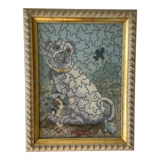 Vintage Framed Needlepoint Pug Jigsaw Puzzle by Brigid Berlin For Sale