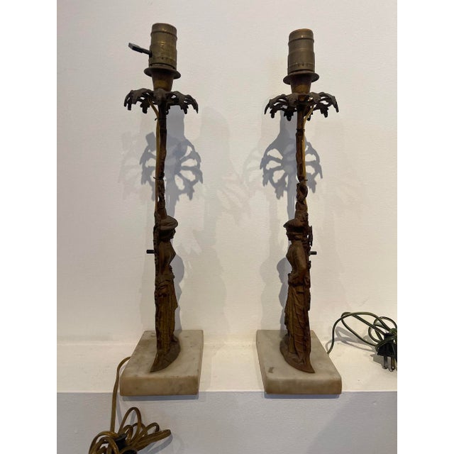 Metal Vintage Figural Lady Table Lamps – Pair of Cast Metal & Stone Bases For Sale - Image 7 of 7