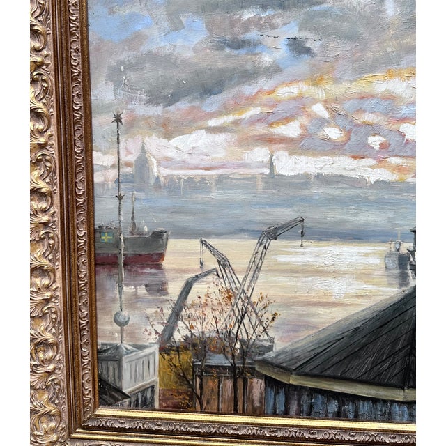 Oil painting of moody depiction of Stockholm’s amusement park, Gröna Lund, as it was in its early days. The scene shows...