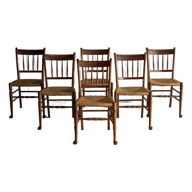 Vintage Maple Dining Chairs With Hand-Woven Rush Seats, Set of Six For Sale