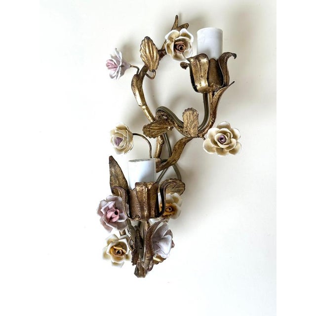 Vintage Italian Mirrored Gilt Metal and Porcelain Rose Sconces, 1940s, Set of 2 For Sale - Image 16 of 18