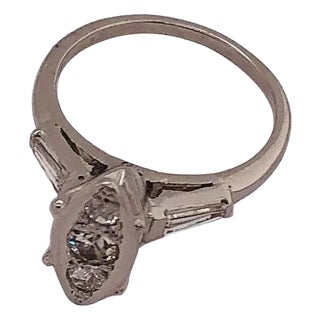 14 Karat White Gold Engagement Ring With Round and Baguette Cut Diamonds For Sale