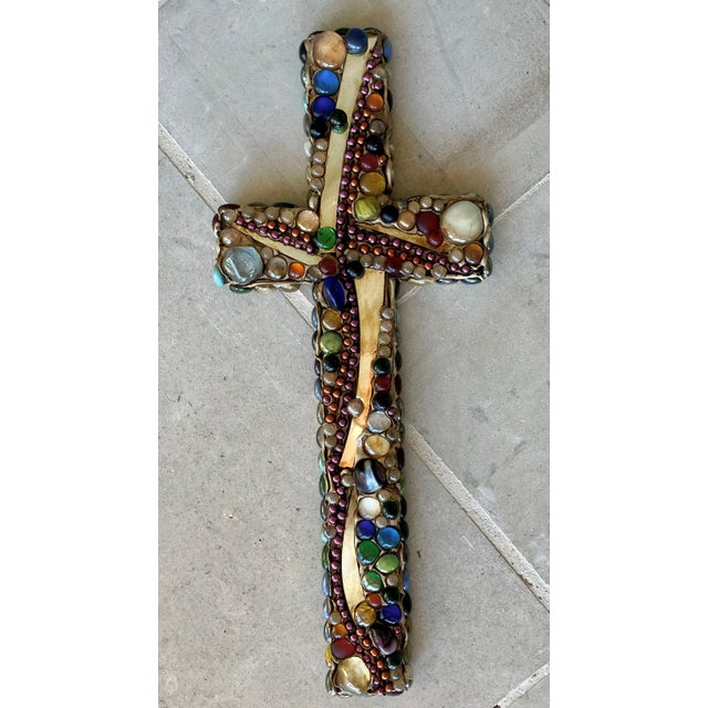 Late 20th Century Late 20th-Century Mosaic-Style Faux "Jeweled" Stone, Glass & Wood Cross Wall Hanging For Sale - Image 5 of 16
