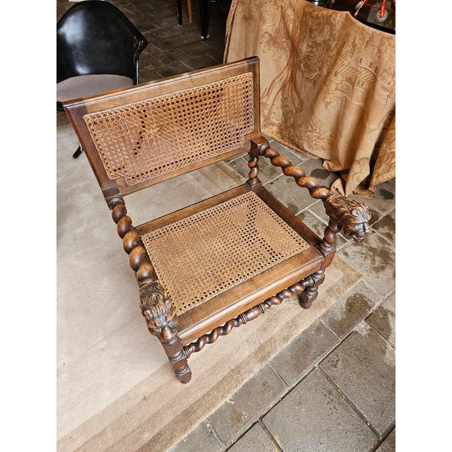 Early 20th Century Jacobean Oak Lionel Head Armchairs with Webbing, Set of 2 For Sale - Image 9 of 12