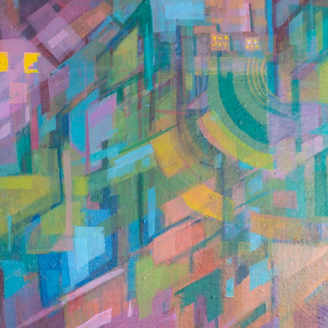 Cubist Polychrome Abstract City Painting With Fauvist Colors Purple and Turquoise For Sale - Image 13 of 13