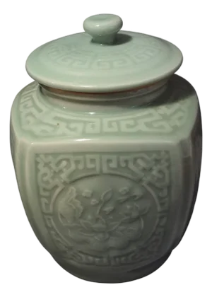 Vintage Asian Longquan Floral Celadon Ginger Jar
