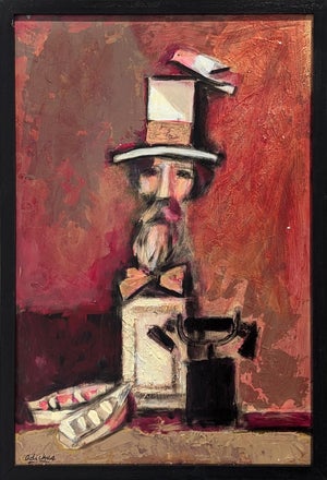 David Adickes Modern Abstract Painting of a Bearded Man Sculpture with a Bird, Phone, & Boats, 1990s