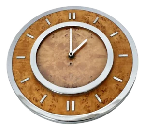 Tommaso Barbi Style Burled Elm & Chrome Hanging Wall Clock, Circa 1970