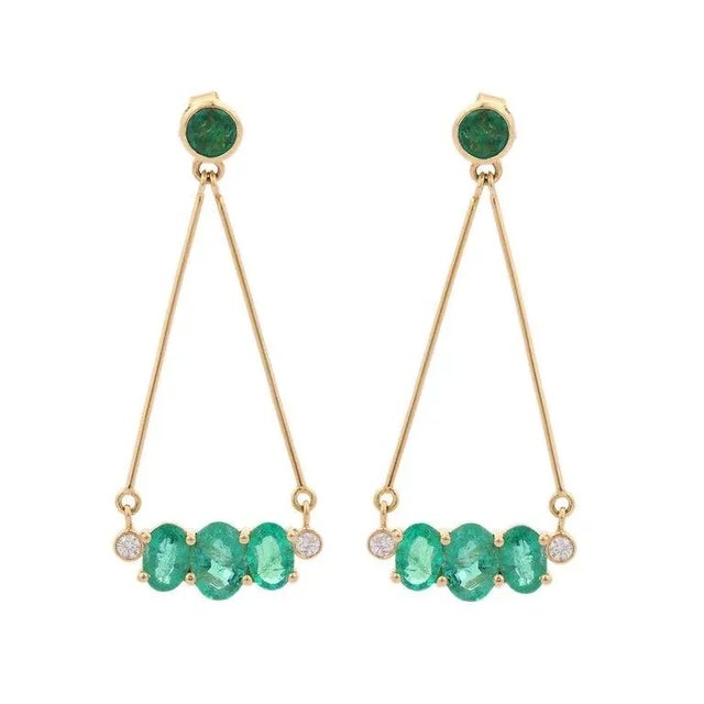 Emerald Chain Dangle Earrings With Diamond in 18k Solid Yellow Gold - 2 Pieces For Sale - Image 4 of 6