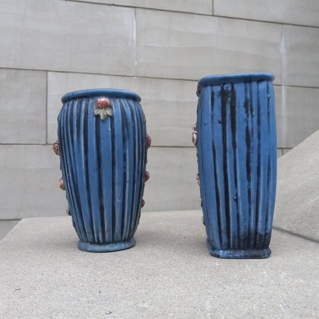 Blue 1915 Weller Art Pottery Blue Drapery Pair (2x) of Vases For Sale - Image 8 of 12