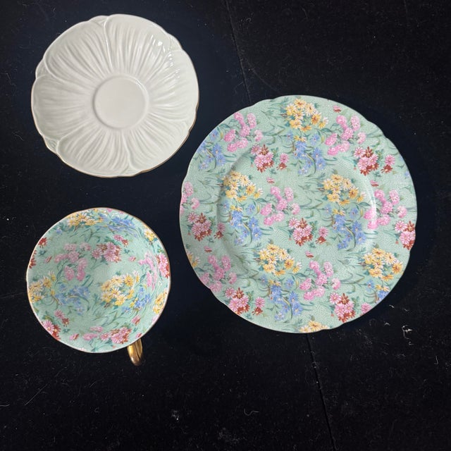 Mid 20th Century Vintage Shelley Oleander “Melody” Trio Bone China Tea Cup Saucer & Plate Three Piece Set For Sale - Image 5 of 9