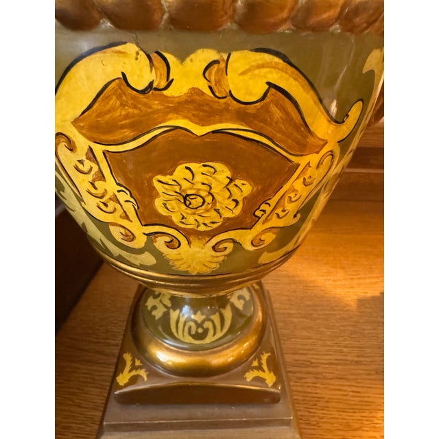 Pair of Vintage Italian Ochre Glazed Ceramic Ram’s Head Urn Table Lamps For Sale In Houston - Image 6 of 9