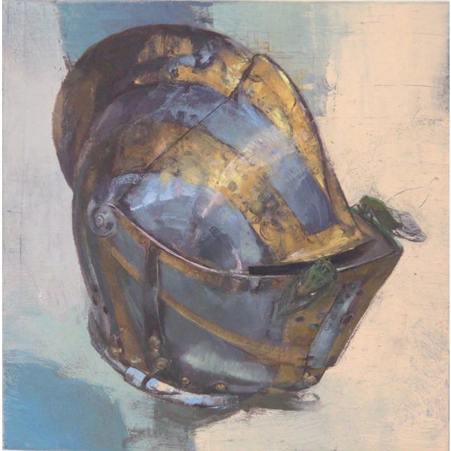 A Ride with the Best Friend by Elena Burykina | Oil on panel Painting of a knight's helmet For Sale