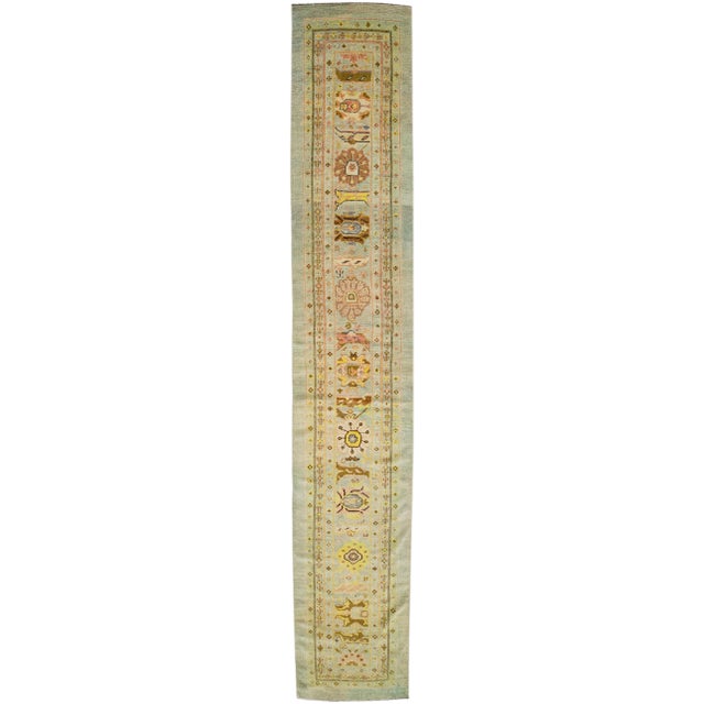 Beige Mid-Century Modern Style Blue Handmade Floral Motif Wool Runner For Sale - Image 8 of 8