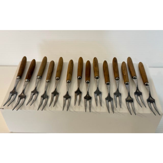 Vintage Japanese Mid-Century Stainless & Wood Cocktail Forks — Set of 12 For Sale - Image 12 of 12
