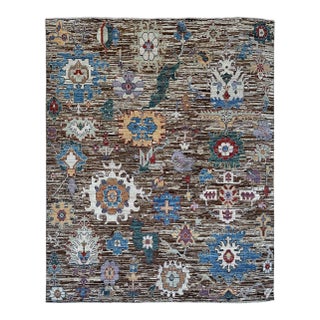 Brown Oushak Wool Rug With Multicolor Floral Design For Sale