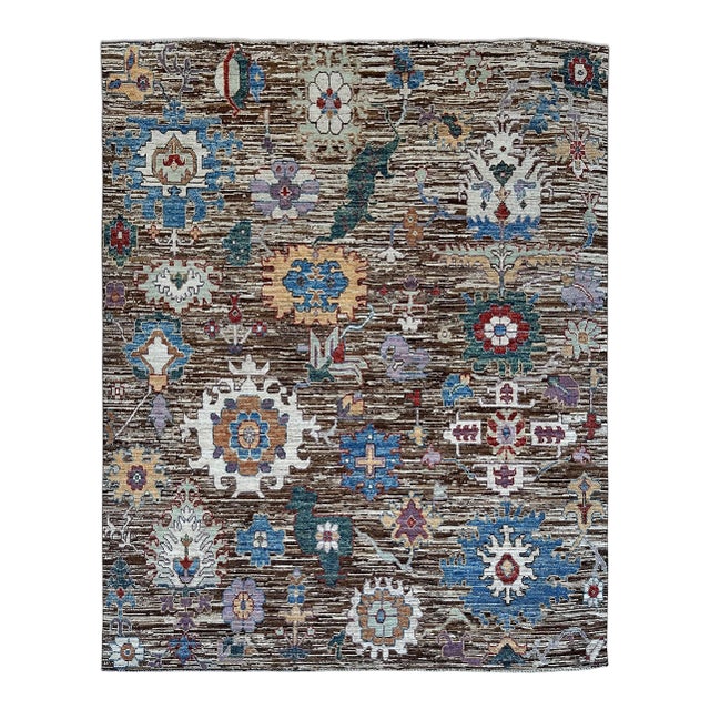 Brown Oushak Wool Rug With Multicolor Floral Design For Sale