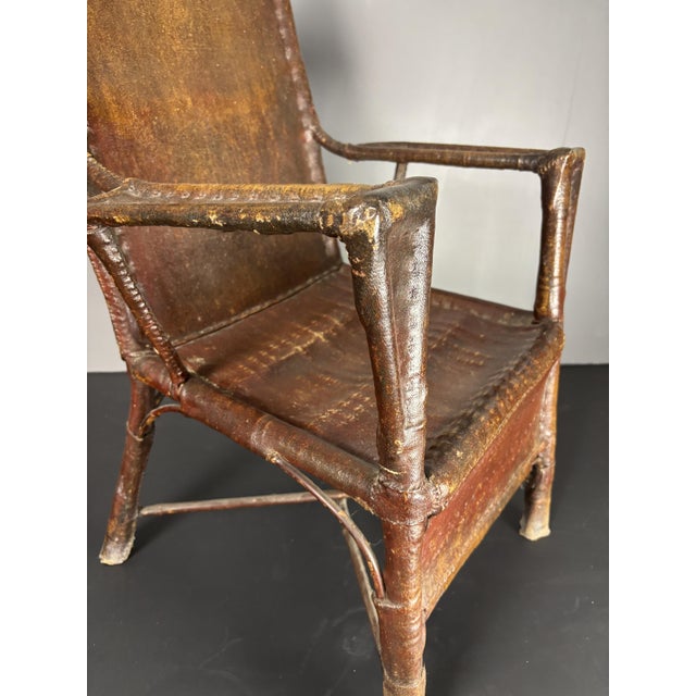 Art Deco Wabi Sabi Colonial Rattan and Faux Leather Oil Cloth Armchair, 1920s For Sale - Image 6 of 18