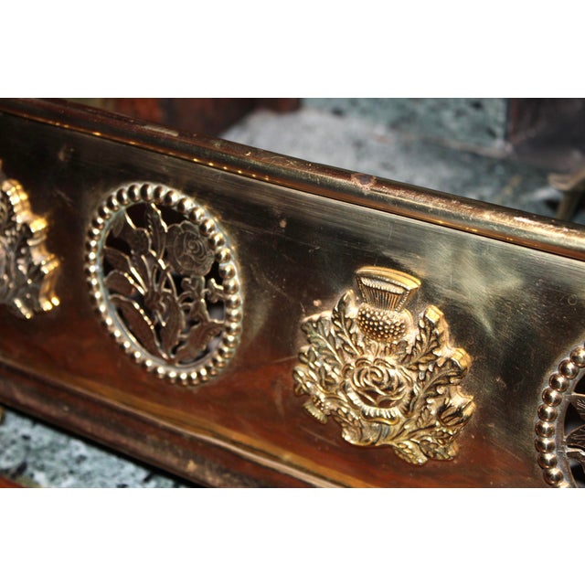 Traditional Set of 3, Vintage Handcrafted Ornate Brass Fireplace Fender With Brass Andirons For Sale - Image 3 of 10