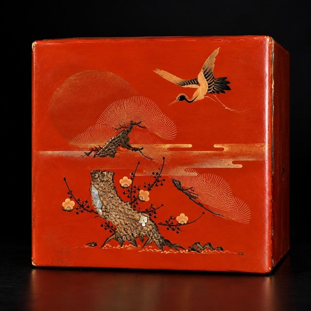 Japanese Antique Red Lacquered Snack Keepsake Box Hand Painted 2-Tier For Sale - Image 12 of 17