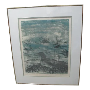 Dorothy Mandel Signed Framed Limited Ed Loon at Potter Marsh Woodblock Print