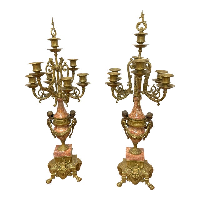 Pair of Early 20th Century Italian Brevettato Brass Marble Candelabras For Sale