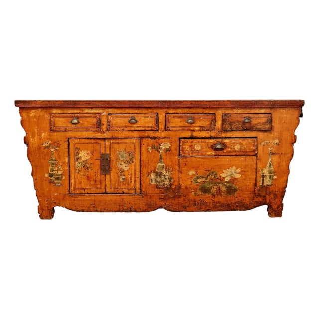 Antique Chinese Hand-Painted Altar Style Sideboard Cabinet For Sale