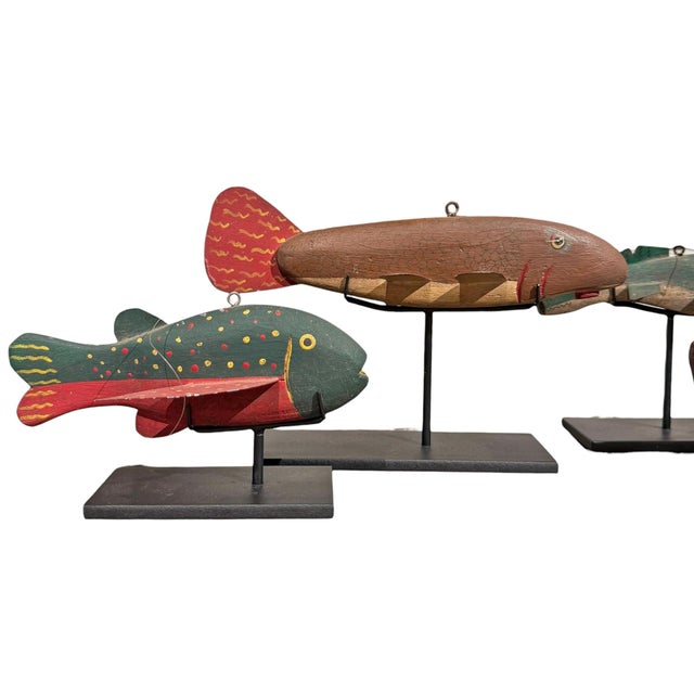 Cabin Collection of Five Vintage American Fishing Decoys on Custom Mounts For Sale - Image 3 of 15