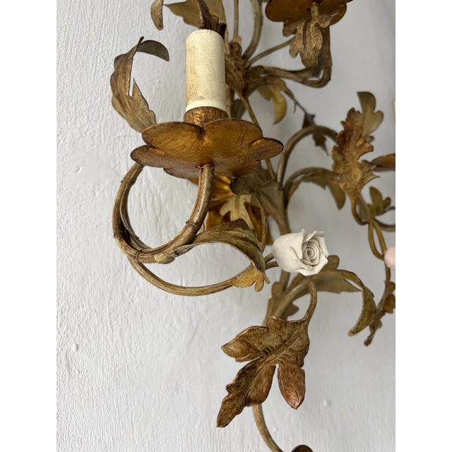 Big Wrought Iron Sconces 3 Lights Roses in Pink & White, C 1900 For Sale - Image 4 of 9