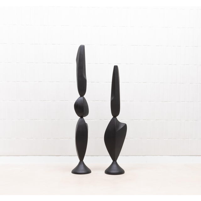 A Pair of Modern Abstract Sculptures in Black Oak by Patrick Coard Paris For Sale - Image 9 of 11