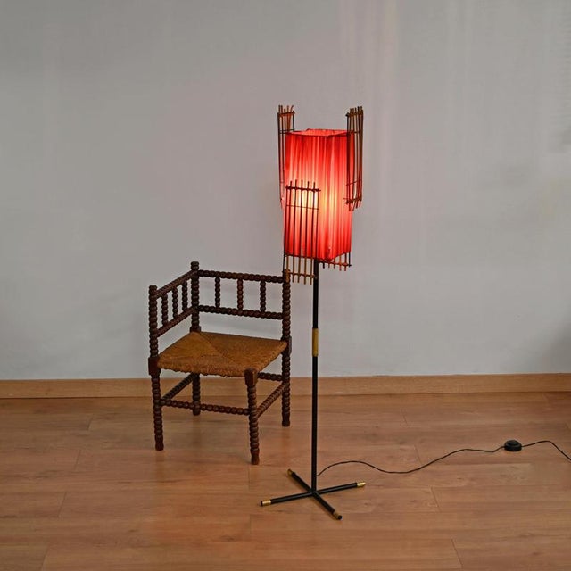 Black Italian Floor Lamp in Metal, Rattan, Brass and Red Acrylic attributed to Dal Vera, 1950s For Sale - Image 8 of 17