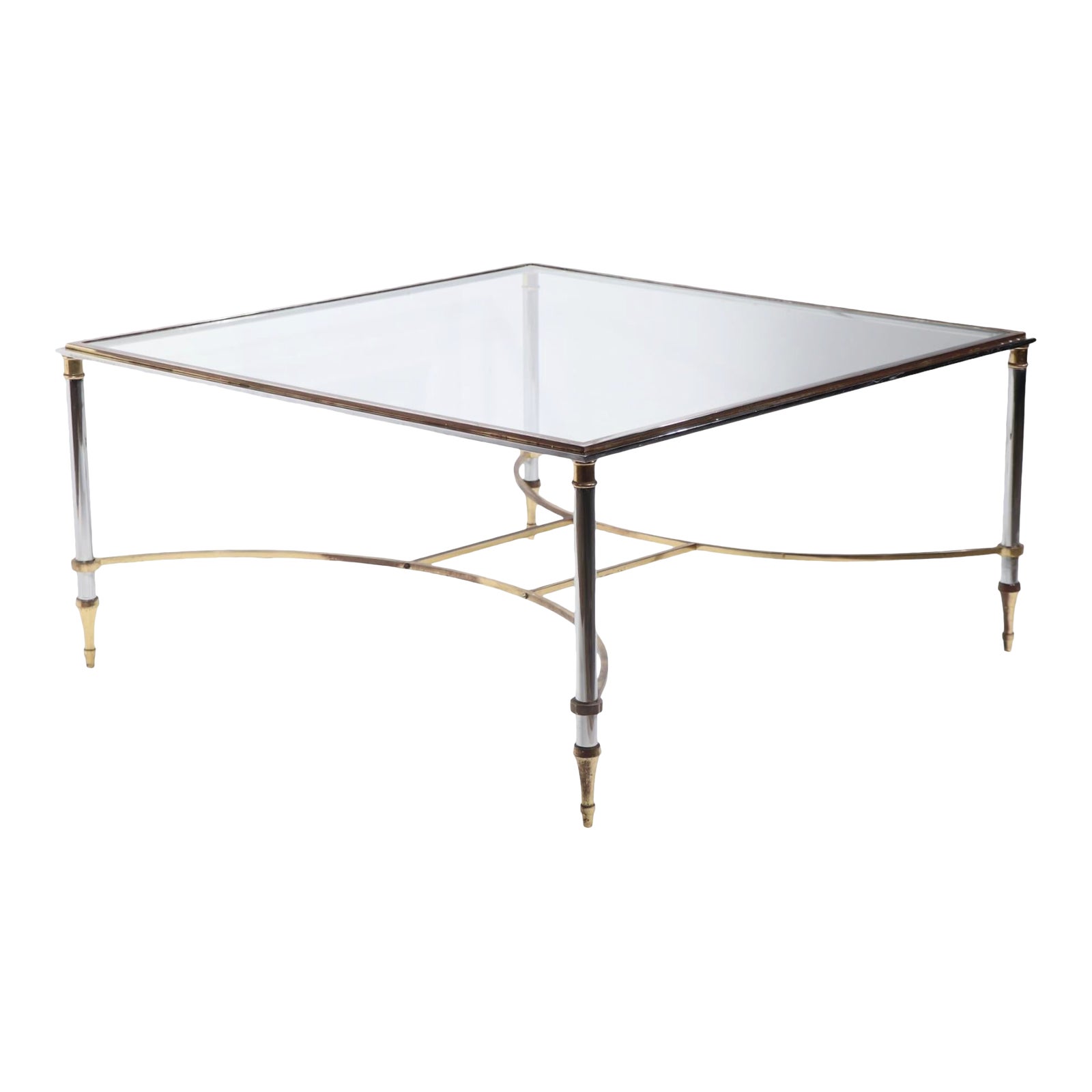 Hollywood Regency Steel Chrome Brass and Glass Coffee Table Made in