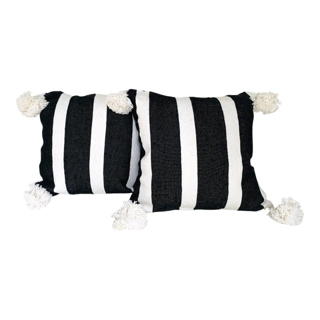 Moroccan Handloomed Pom-Pom Pillows, 19" x 19" - A Pair For Sale