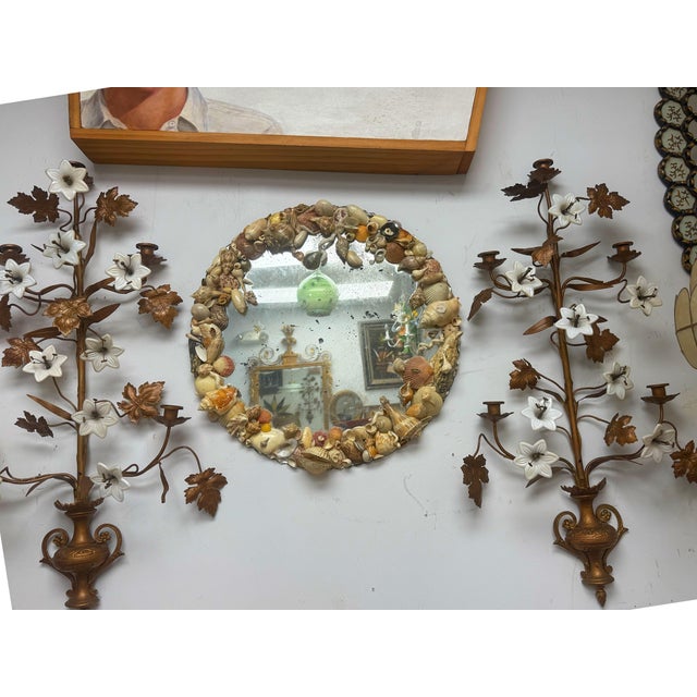 Art Nouveau Antique Scalloped Frameless Circular Shelled Mirror For Sale - Image 3 of 8