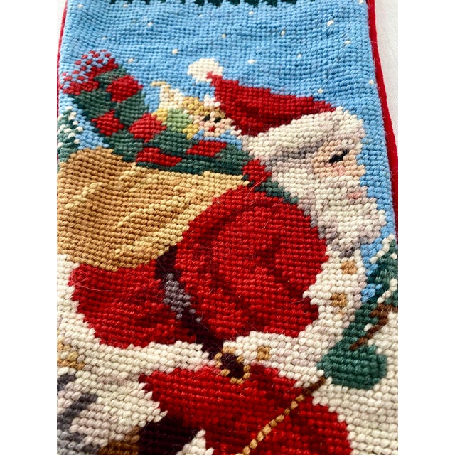 Vintage Skiing Santa Claus 100% Wool Needlepoint Christmas Stocking 1991 Peking Handicraft Excellent Condition For Sale - Image 12 of 13