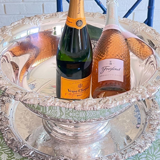 2000 - 2009 Gorham "Newport" silverplate punch bowl, tray and ladle with embossed design and grapevine rim // huge champagne bucket // wedding decor For Sale - Image 5 of 18