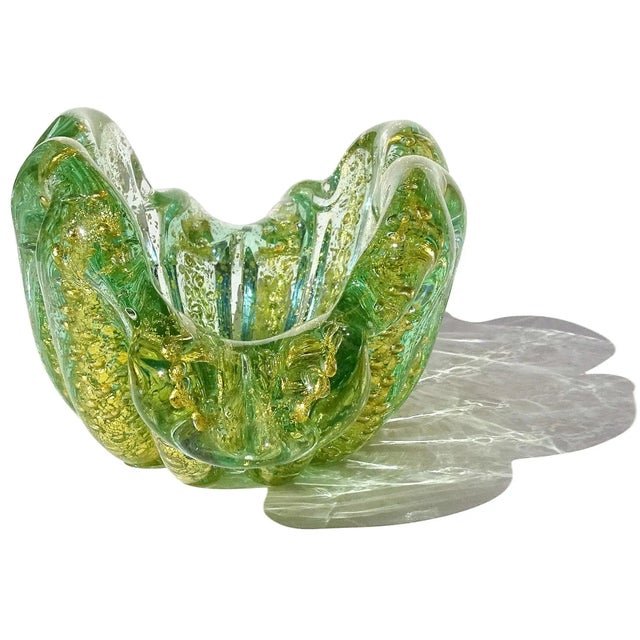 Mid 20th Century Vintage Murano Barovier Toso Green Control Bubbles Gold Flecks Italian Art Glass Flower Form Bowl Ashtray For Sale - Image 5 of 6
