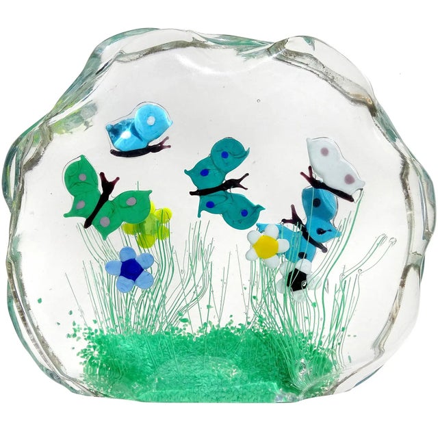 Murano Flying Butterfly Colorful Wild Flower Garden Scene Vintage Italian Art Glass Block Sculpture For Sale - Image 10 of 10