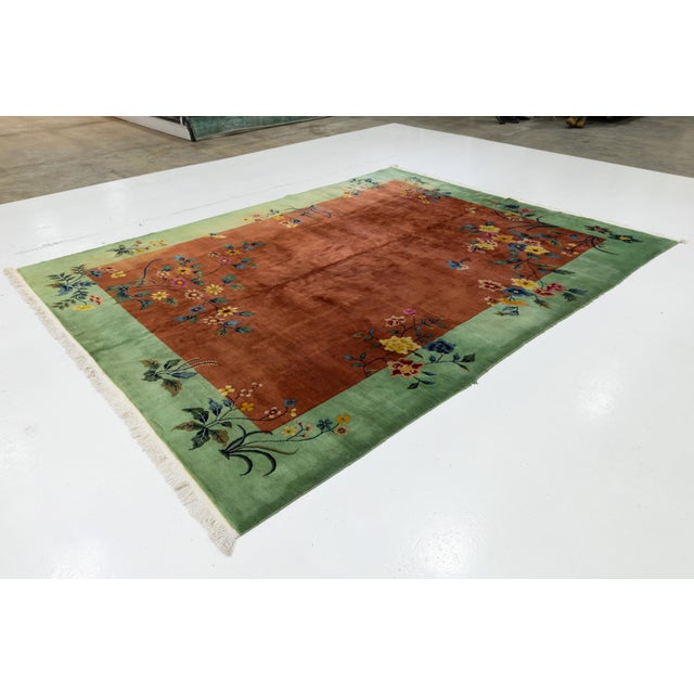 Antique Art Deco Handmade Floral Chinese Green and Brown Wool Rug For Sale - Image 4 of 13